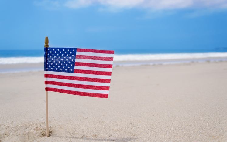 An American flag on the beach